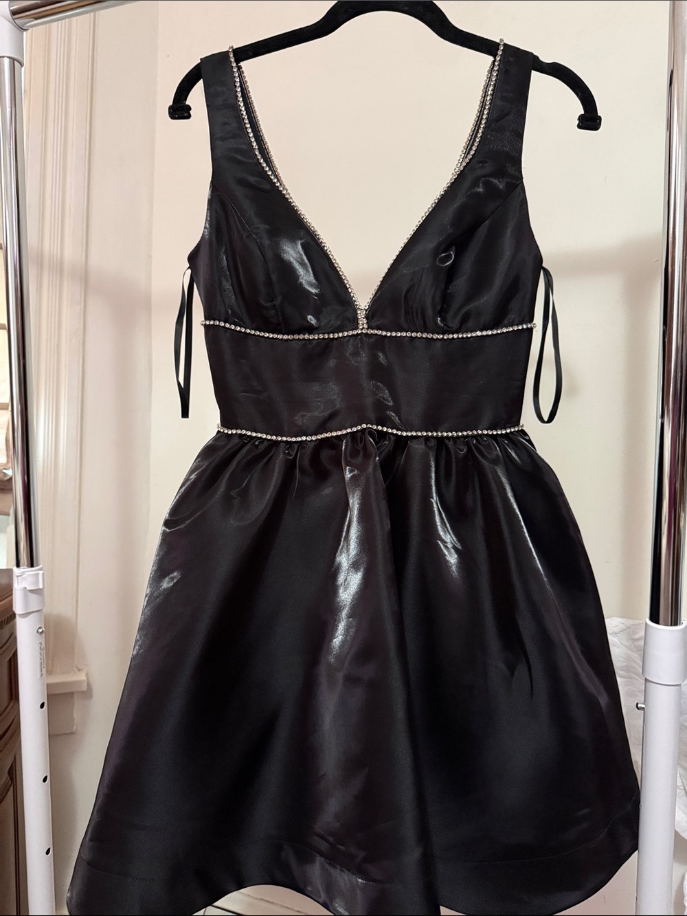 B Darlin Black Satin Mini Dress with Crystal Trim - Picture 4 of 5